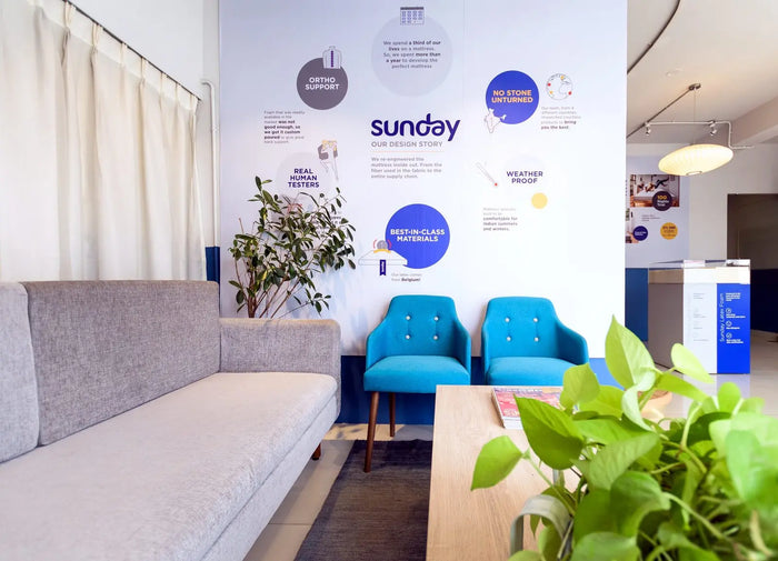 The seating area in the Bengaluru Sleep Lounge, in front of the Sunday wall