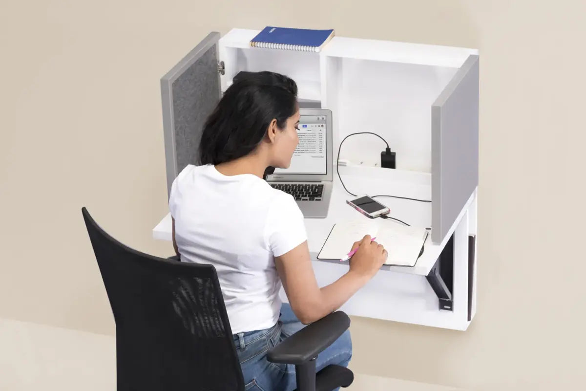The WorkPod open, with its shelves and panels